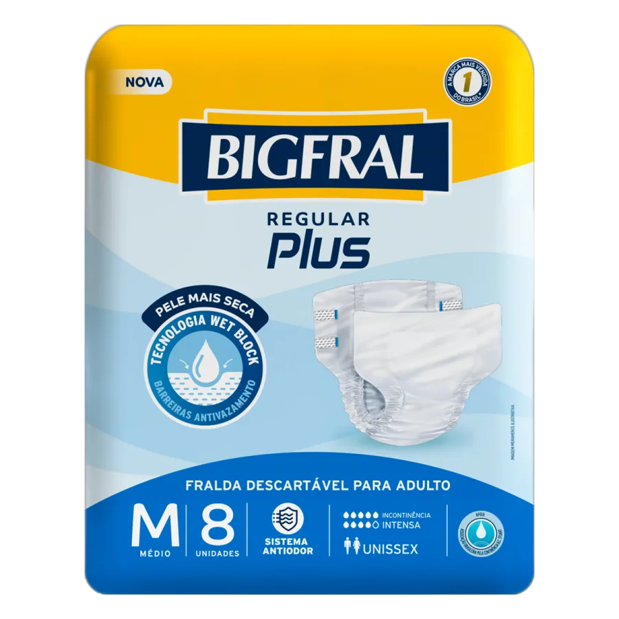 Fralda Descartável Adulto Bigfral Regular Plus Tamanho M 8 Unidades
