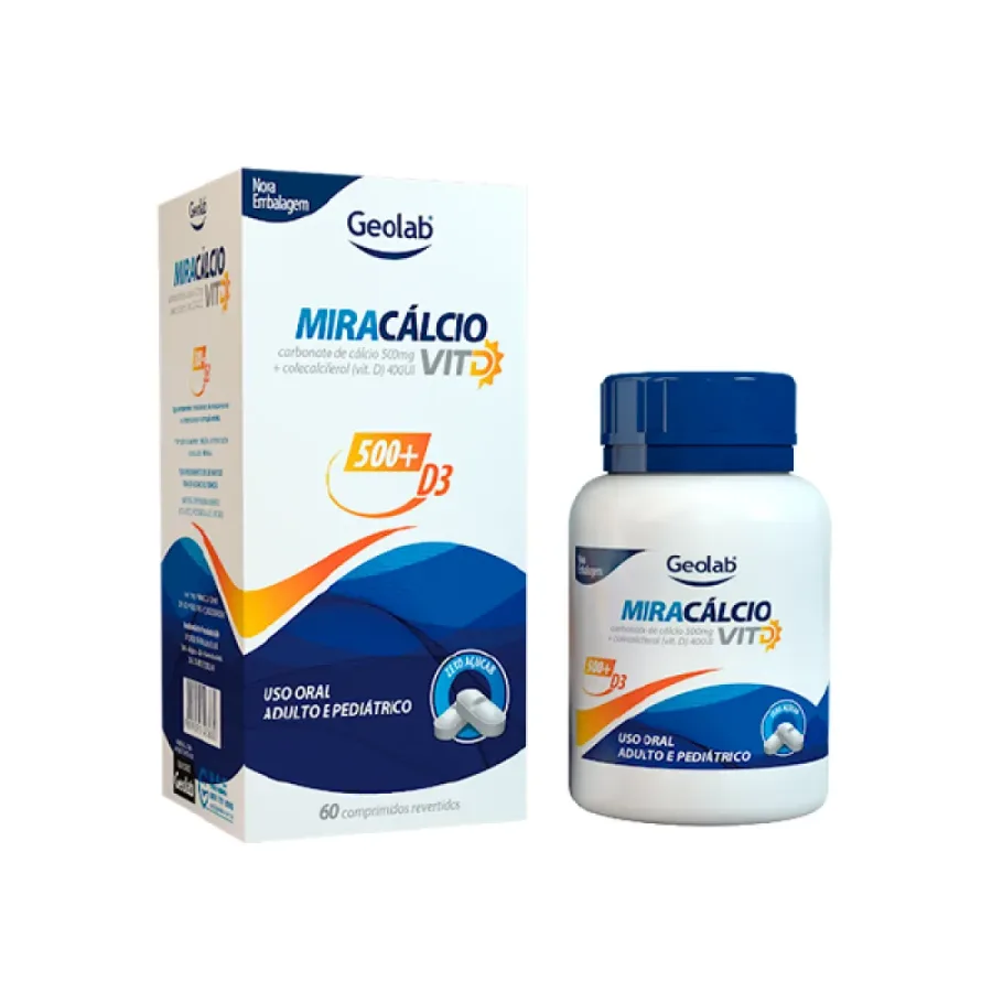 Miracálcio Vit D3 Carbonato de Cálcio 500mg + Colecalciferol 400UI 60 Comprimidos Geolab
